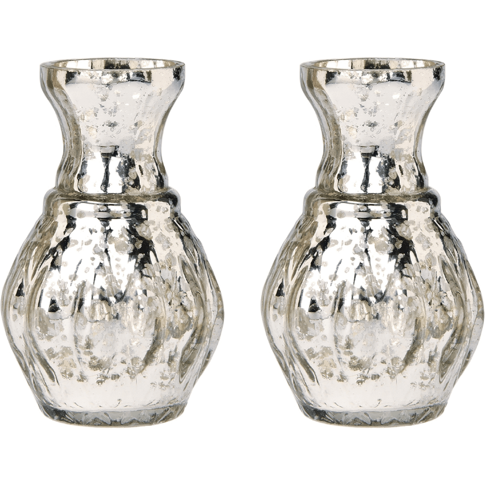 2 PACK | Vintage Mercury Glass Vase (4-Inch, Bernadette Mini Ribbed Design, Silver) - Decorative Flower Vase - AsianImportStore.com - B2B Wholesale Lighting and Decor