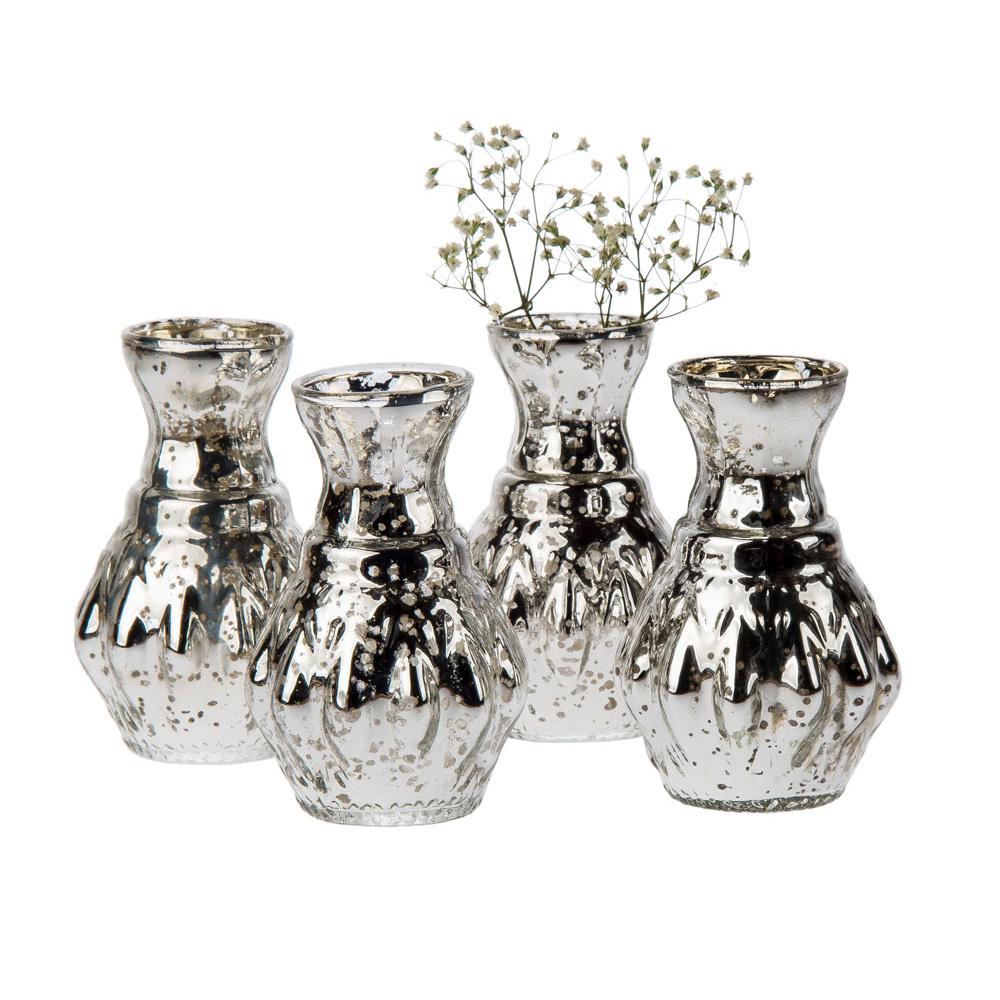 4 Pack | Vintage Mercury Glass Vase (4-Inch, Bernadette Mini Ribbed Design, Silver) - Decorative Flower Vase - For Home Decor and Wedding Centerpieces - AsianImportStore.com - B2B Wholesale Lighting and Decor