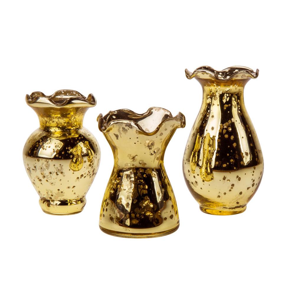 3 PACK | Vintage Mercury Glass Vase (Violet Design, Gold) - Decorative Flower Vase - For Home Decor and Wedding Centerpieces - AsianImportStore.com - B2B Wholesale Lighting and Decor