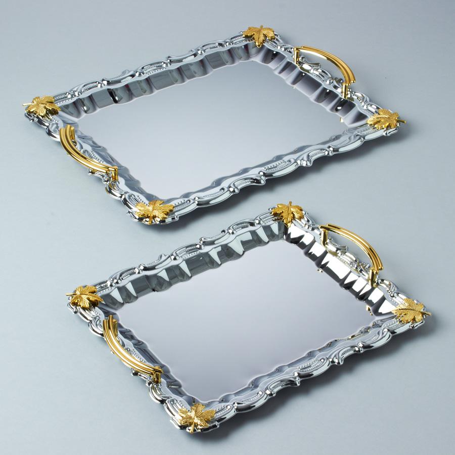  Elegant 2-Piece Chrome Silver Metal Serving Trays w/ Gold Trim, Large and Small - AsianImportStore.com - B2B Wholesale Lighting and Decor