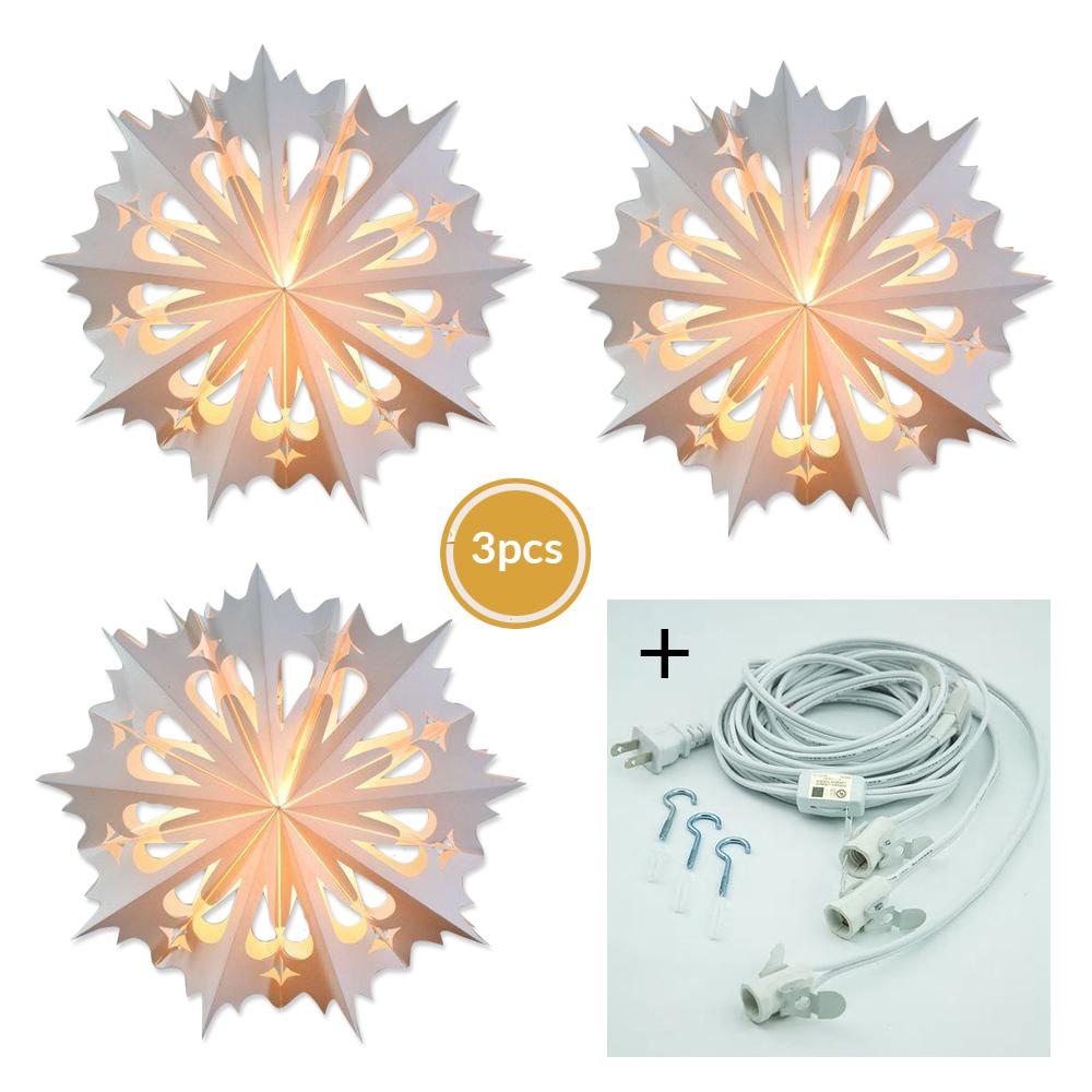  3 PACK + Cord | White Winter Angel 32" Pizzelle Designer Illuminated Paper Star Lanterns and Lamp Cord, Hanging Decoration - AsianImportStore.com - B2B Wholesale Lighting and Decor