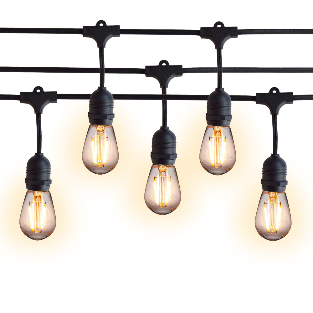 (Discontinued) 48-Foot Shatterproof S14 LED Filament String Light Outdoor Commercial Weatherproof SJTW Suspended Cord Black, 15 Bulb, 30 Total Watts, Grounded