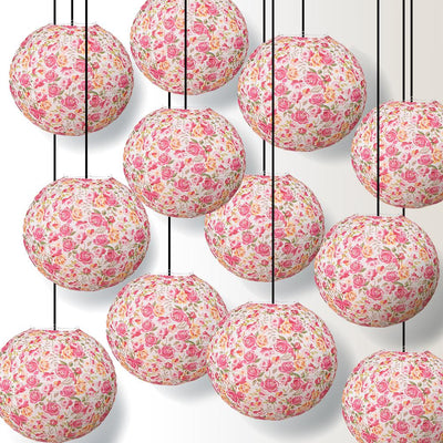 12 PACK | 14" Liberty Print Fuchsia Rose Floral Pattern Paper Lantern, Design by Esper - AsianImportStore.com - B2B Wholesale Lighting and Decor