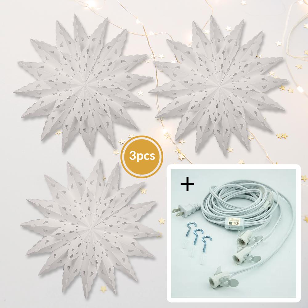 3-PACK + Cord | Bright White Blizzard Wreath 22" Pizzelle Designer Illuminated Paper Star Lanterns and Lamp Cord Hanging Decorations - AsianImportStore.com - B2B Wholesale Lighting and Decor