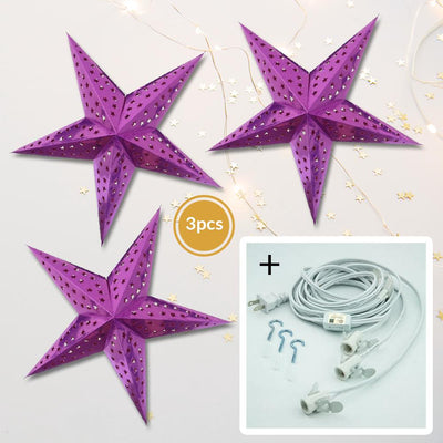 3-PACK + Cord | Magenta Hologram with Stars 24" Illuminated Paper Star Lanterns and Lamp Cord Hanging Decorations - AsianImportStore.com - B2B Wholesale Lighting and Decor