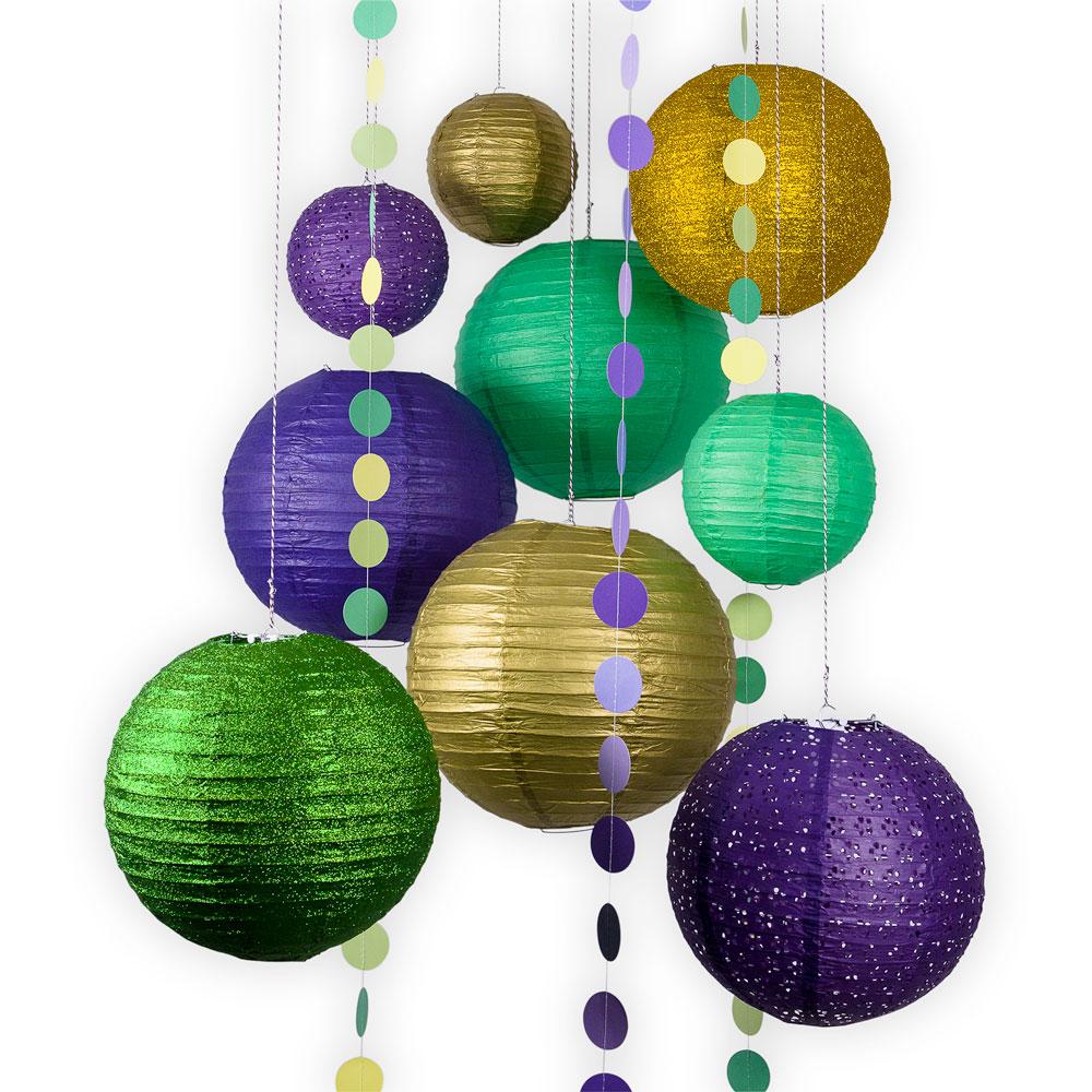  12-pc Mardi Gras Glitter Colorful Carnaval Paper Lantern Combo Party Pack - AsianImportStore.com - B2B Wholesale Lighting and Decor