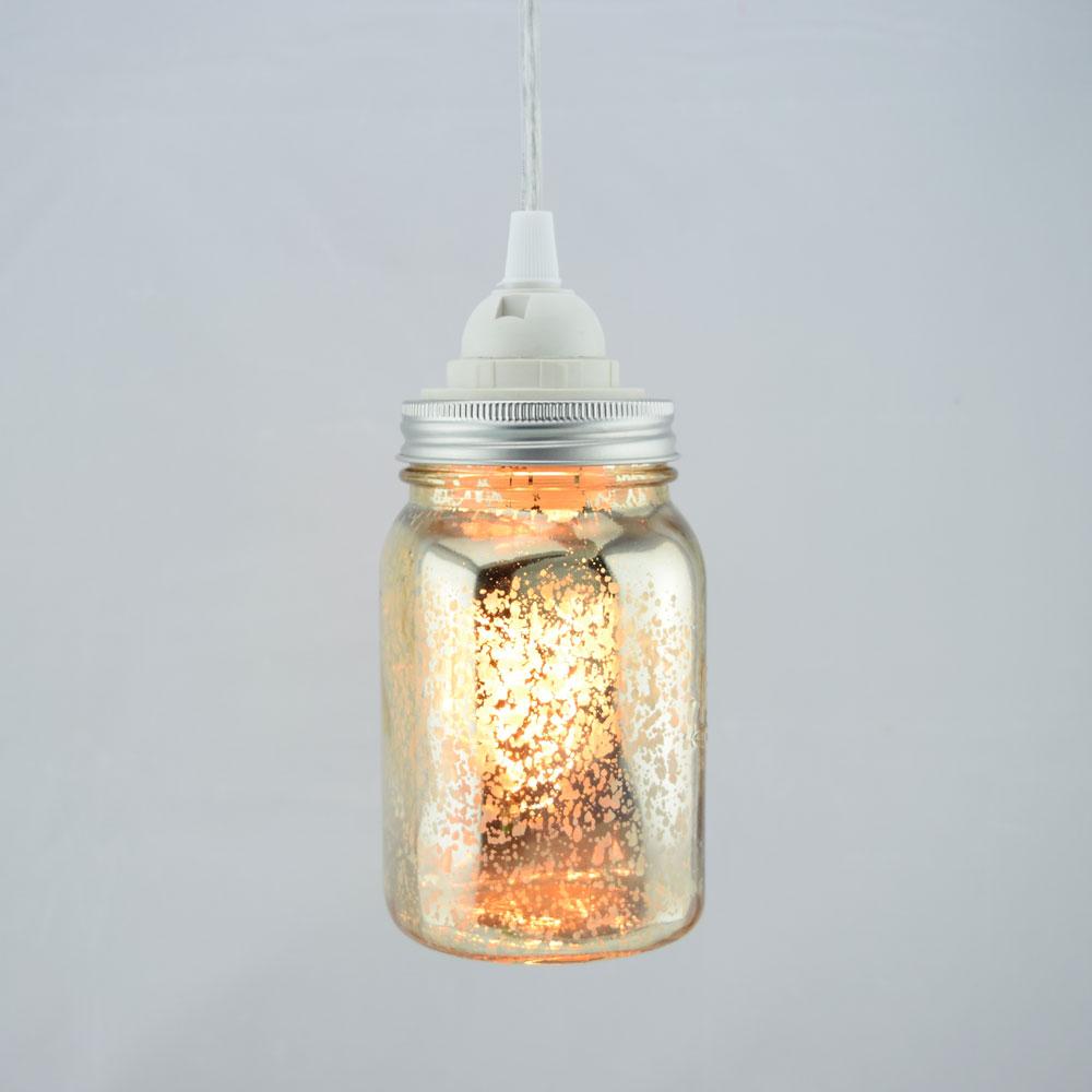 Gold Mercury Glass Mason Jar Pendant Light Kit, Regular Mouth, Clear Cord, 15FT - AsianImportStore.com - B2B Wholesale Lighting and Decor