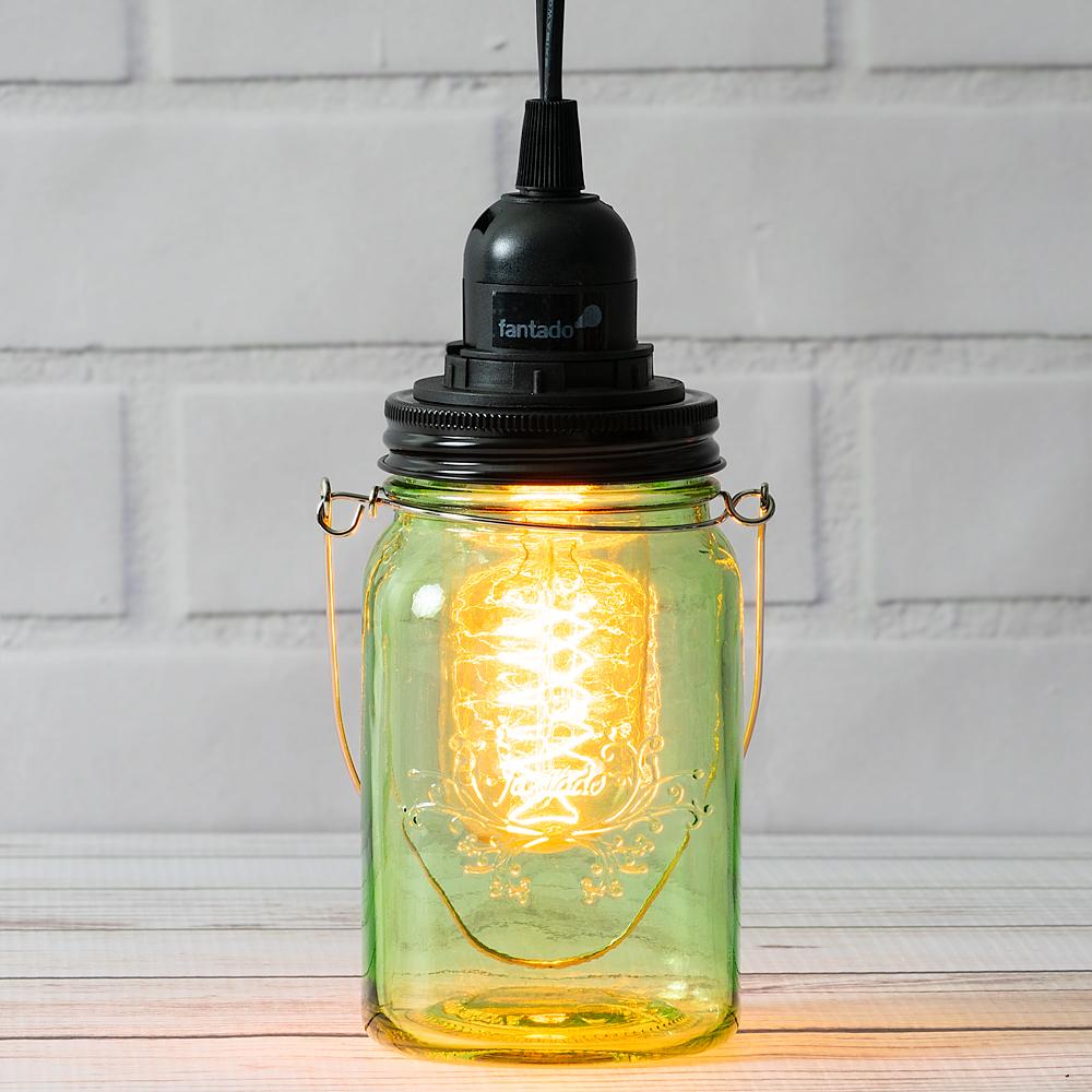 Light Lime Green Glass Mason Jar Pendant Light Kit, Regular Mouth, Black Cord, 15FT - AsianImportStore.com - B2B Wholesale Lighting and Decor