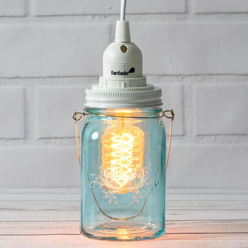 Water Blue Glass Mason Jar Pendant Light Kit, Regular Mouth, White Cord, 15FT - AsianImportStore.com - B2B Wholesale Lighting & Decor since 2002