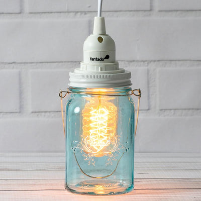 Water Blue Glass Mason Jar Pendant Light Kit, Regular Mouth, White Cord, 15FT - AsianImportStore.com - B2B Wholesale Lighting & Decor since 2002