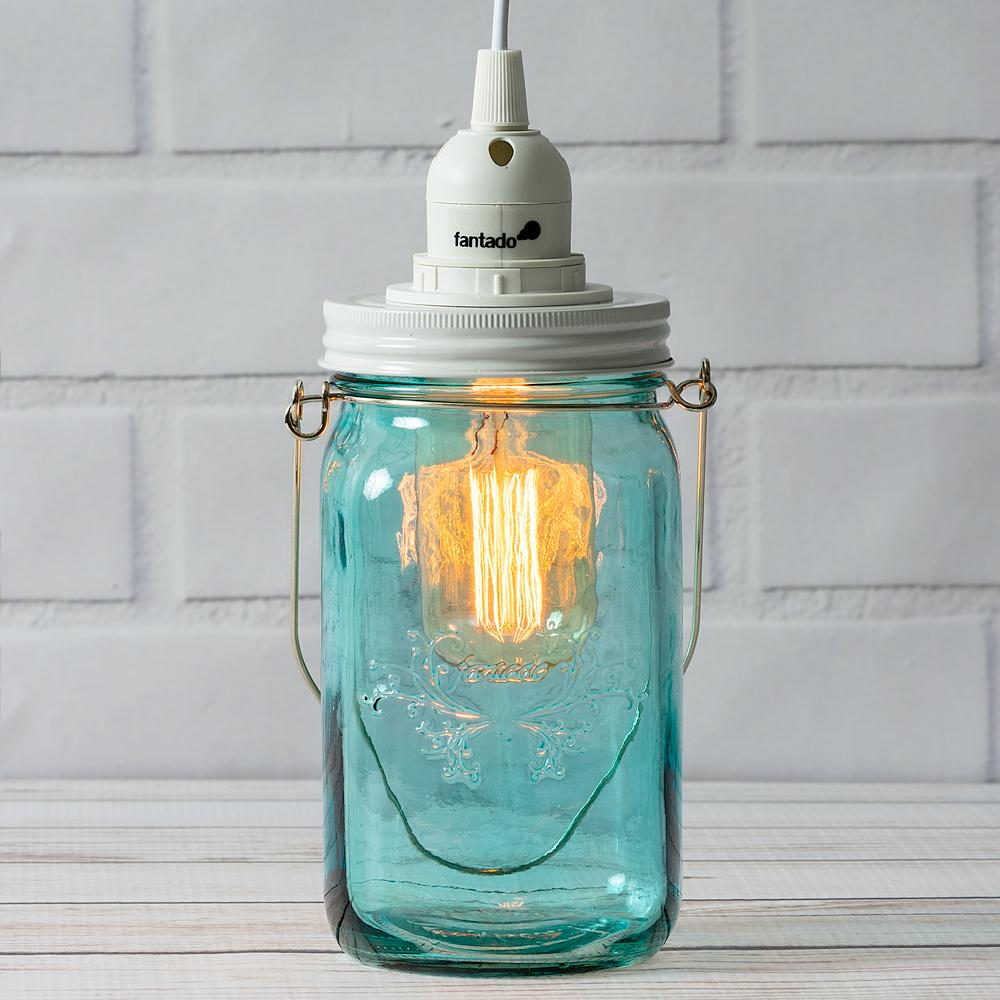  Fantado Water Blue Glass Mason Jar Pendant Light Kit, Wide Mouth, White Cord, 15FT - AsianImportStore.com - B2B Wholesale Lighting and Decor