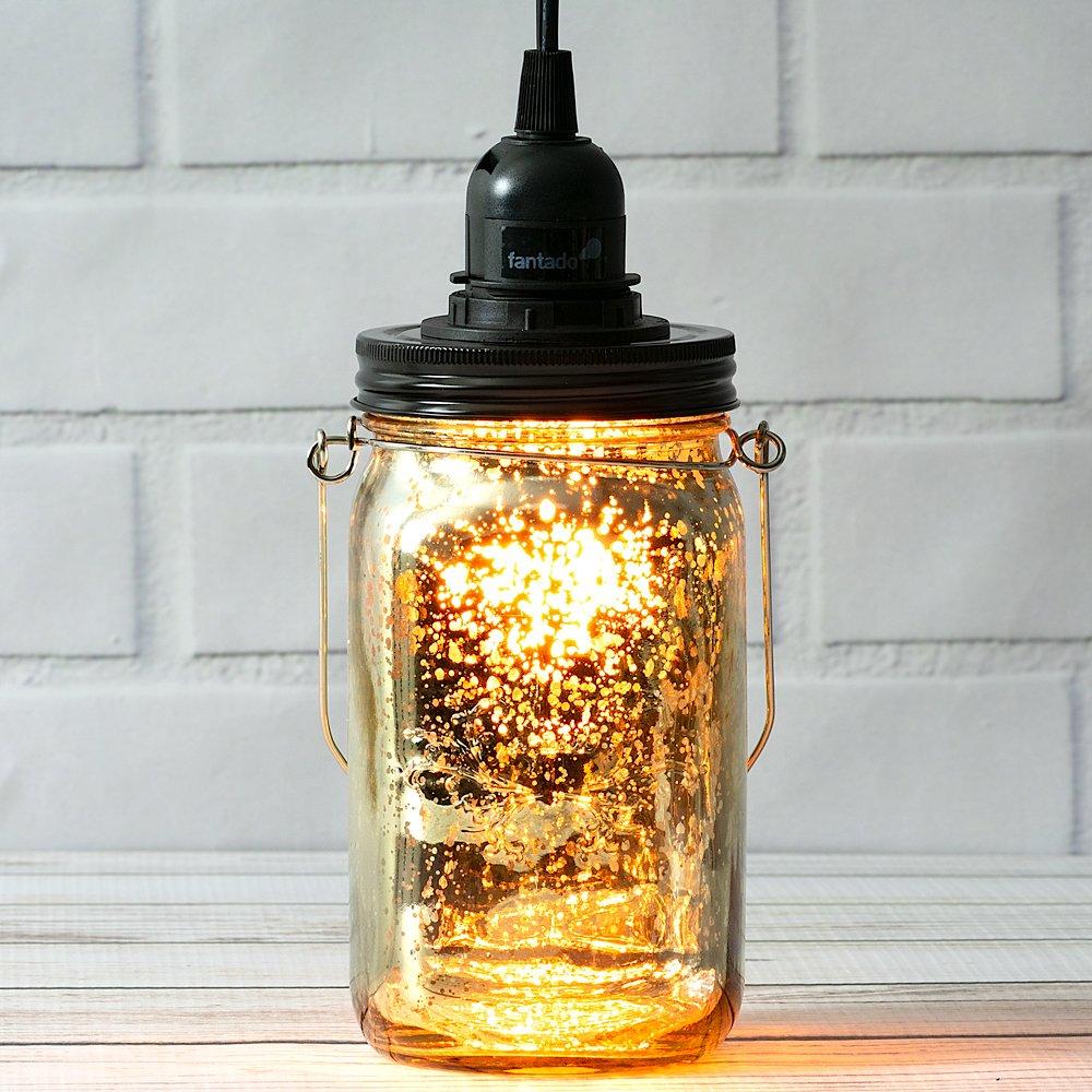 Fantado Gold Mercury Glass Mason Jar Pendant Light Kit, Wide Mouth, Black Cord, 15FT - AsianImportStore.com - B2B Wholesale Lighting and Decor