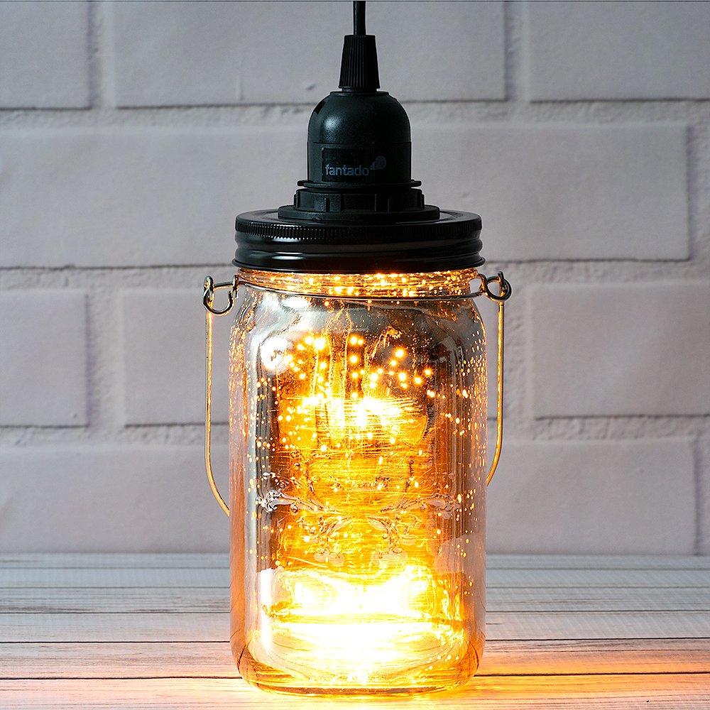  Fantado Silver Mercury Glass Mason Jar Pendant Light Kit, Wide Mouth, Black Cord, 15FT - AsianImportStore.com - B2B Wholesale Lighting and Decor