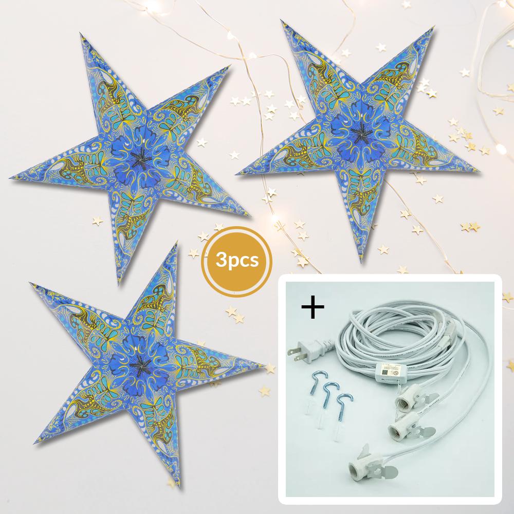 3-PACK + Cord | Light Blue Oriental Swan 24" Illuminated Paper Star Lanterns and Lamp Cord Hanging Decorations - AsianImportStore.com - B2B Wholesale Lighting and Decor