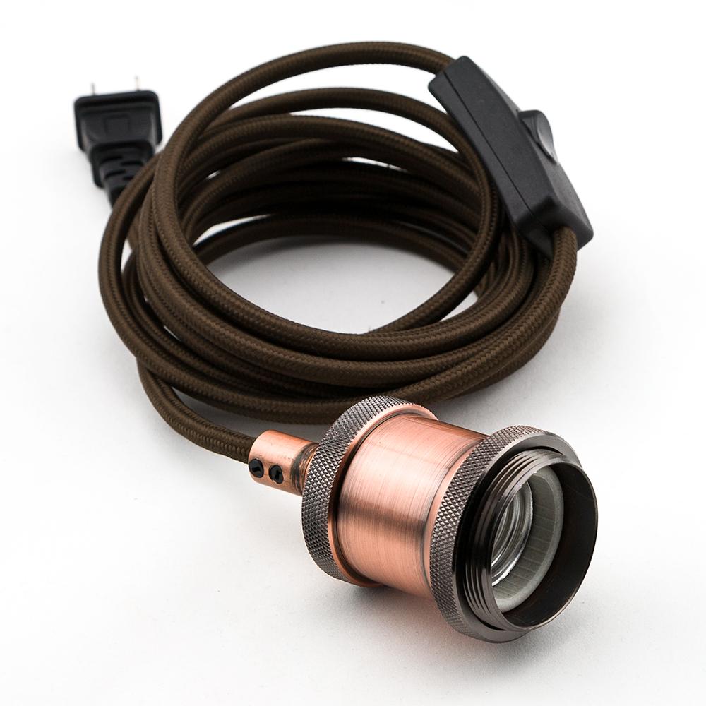 Classic Modern Copper Pendant Light Lamp Cord w/ Antique Finish, Switch, 11FT Braided Brown Cloth - Electrical Swag Light Kit - AsianImportStore.com - B2B Wholesale Lighting and Decor