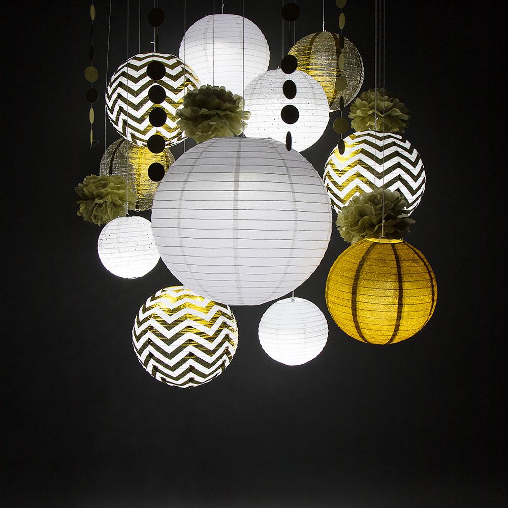  14-pc Gold / White New Year's Eve Celebration Party Pack Paper Lantern Combo Set - AsianImportStore.com - B2B Wholesale Lighting and Decor