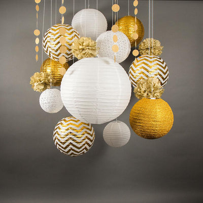 14-pc Gold / White New Year's Eve Celebration Party Pack Paper Lantern Combo Set - AsianImportStore.com - B2B Wholesale Lighting and Decor