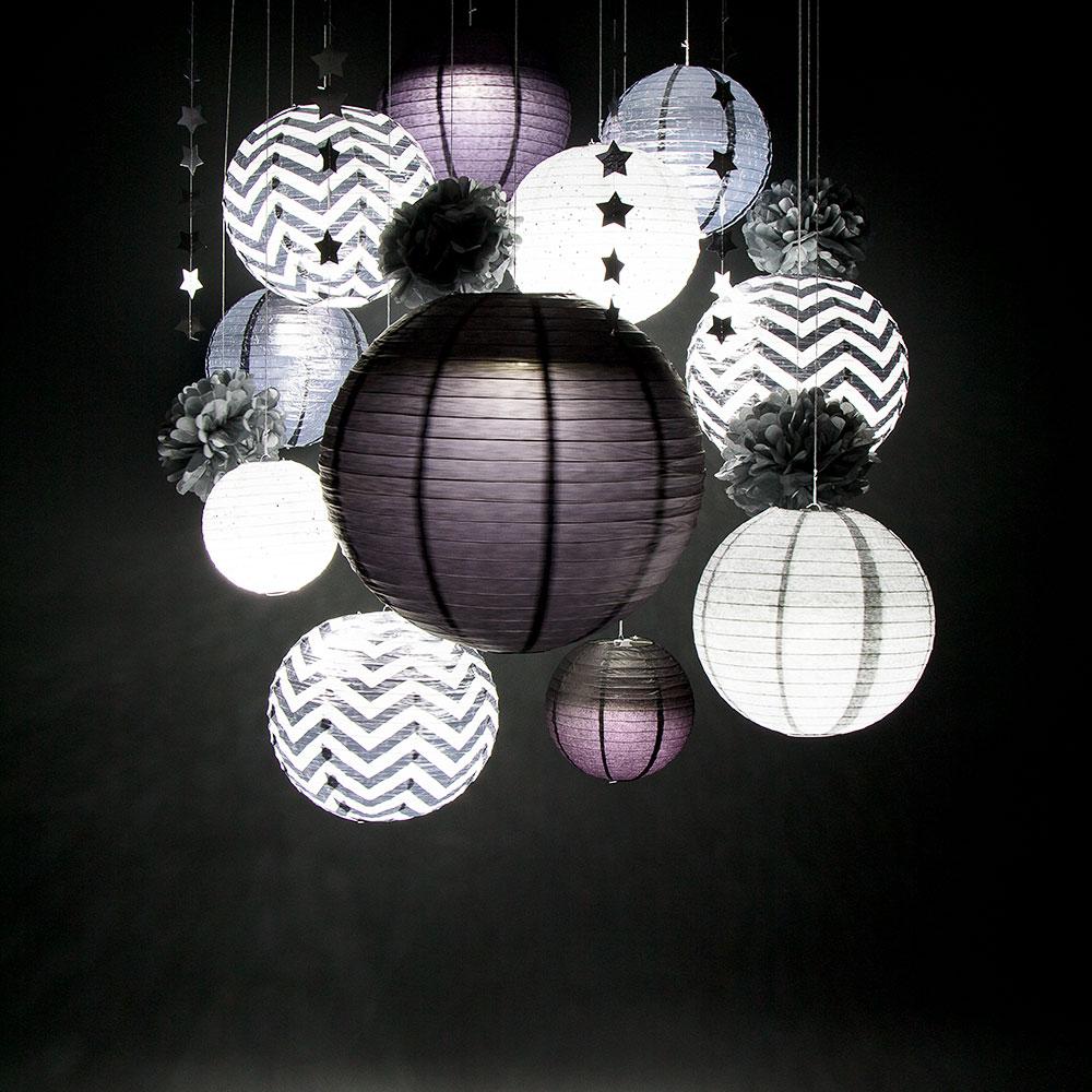  14-pc Silver / Black New Year's Eve Celebration Party Pack Paper Lantern Combo Set - AsianImportStore.com - B2B Wholesale Lighting and Decor