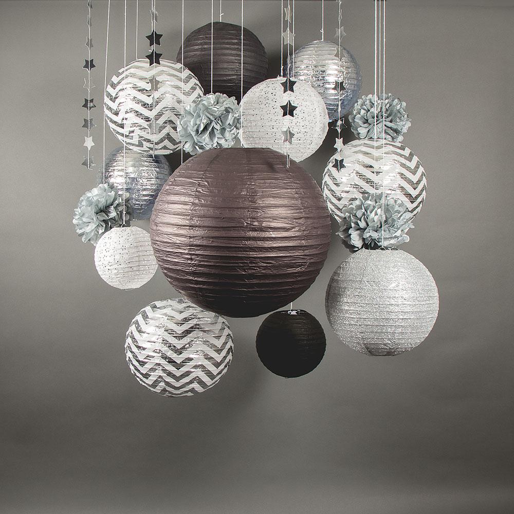  14-pc Silver / Black New Year's Eve Celebration Party Pack Paper Lantern Combo Set - AsianImportStore.com - B2B Wholesale Lighting and Decor