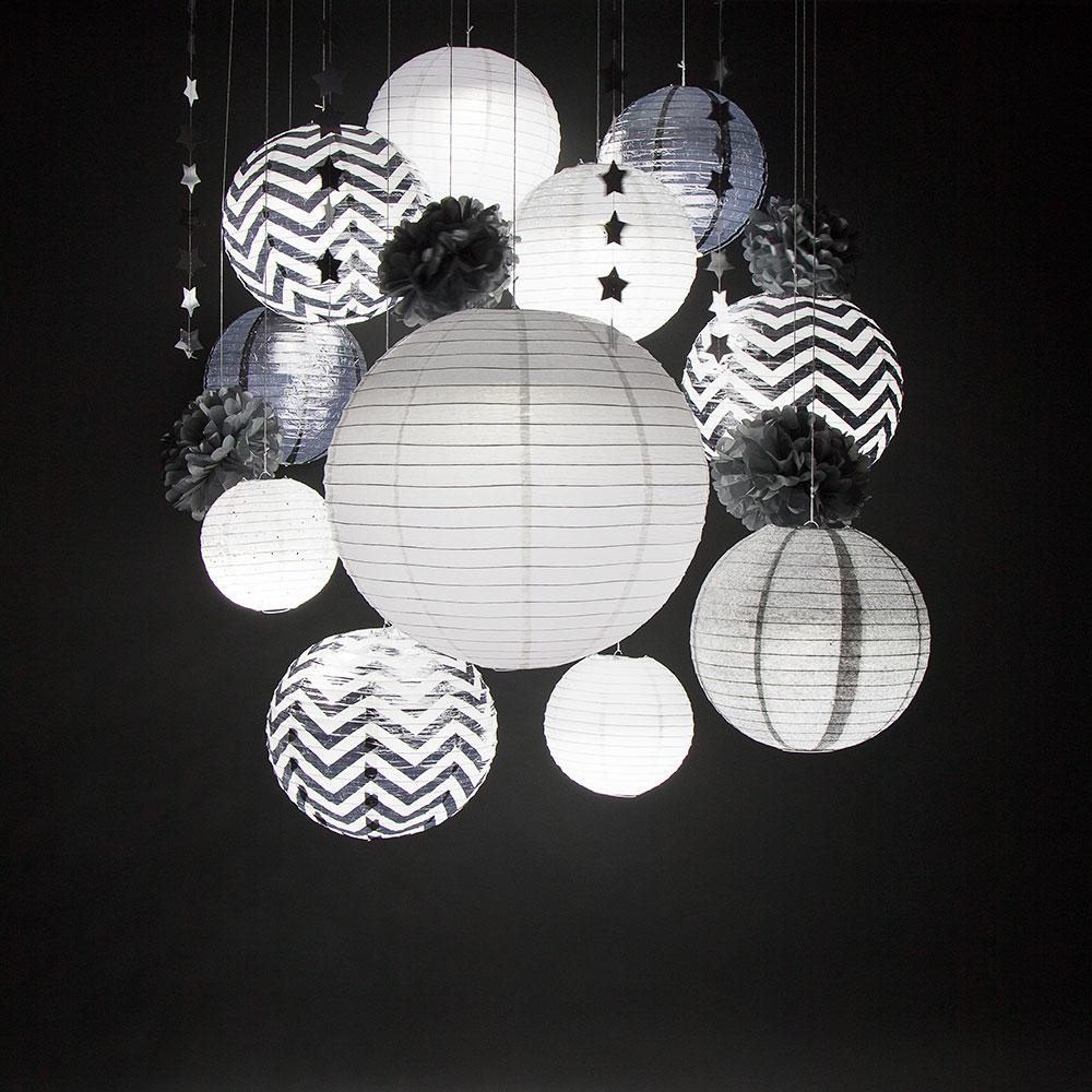  14-pc Silver / White New Year's Eve Celebration Party Pack Paper Lantern Combo Set - AsianImportStore.com - B2B Wholesale Lighting and Decor