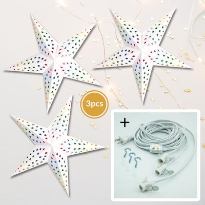 3-PACK + Cord | Glossy White and Rainbow Stars 24" Illuminated Paper Star Lanterns and Lamp Cord Hanging Decorations - AsianImportStore.com - B2B Wholesale Lighting and Decor
