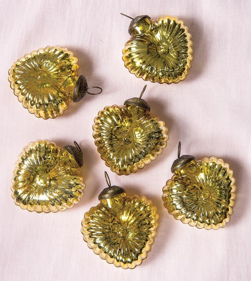 6 Pack | Vintage Mercury Heart Glass Ornaments (3-Inch, Gold, Viola Heart Design) - Great Gift Idea, Vintage-Style Decoration for Christmas, Special Occasions, Home Décor and Parties