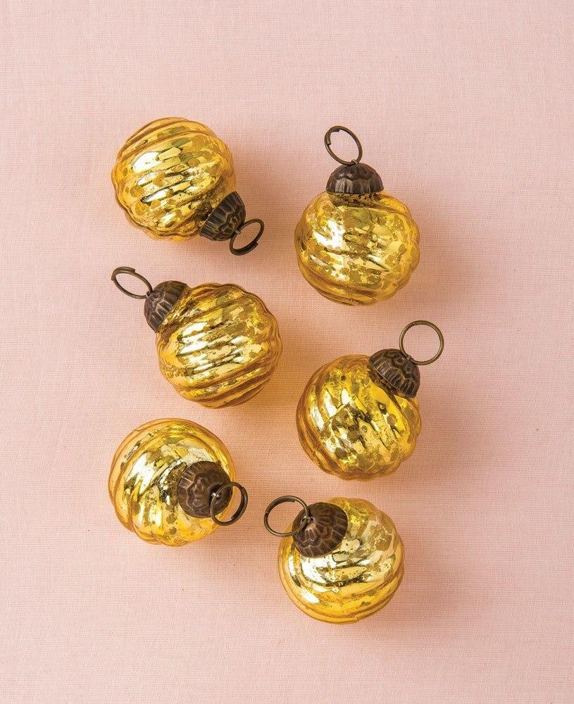 6 Pack | Mini Mercury Glass Ball Ornaments (1.5-inch, Gold, Swirl Motif, Solene Design) - Great Gift Idea, Vintage-Style Decorations for Christmas, Special Occasions, Home Decor and Parties
