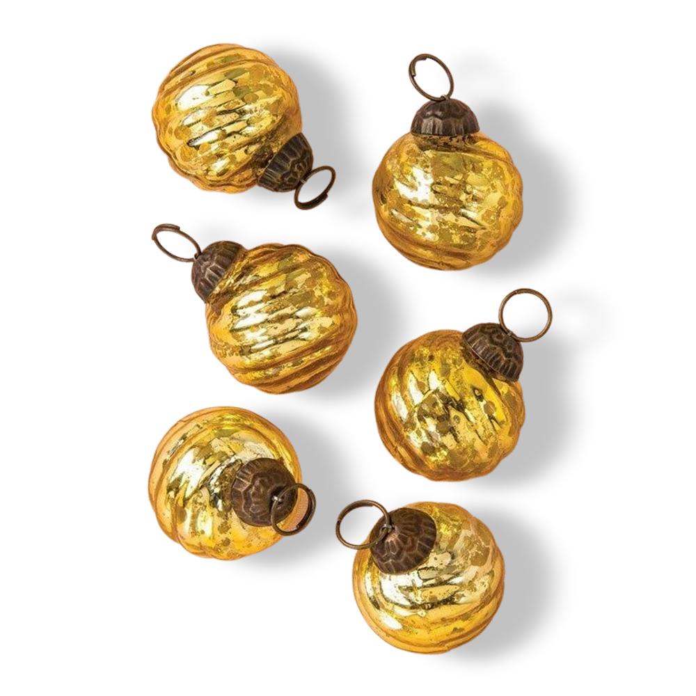 6 Pack | Mini Mercury Glass Ball Ornaments (1.5-inch, Gold, Swirl Motif, Solene Design) - Great Gift Idea, Vintage-Style Decorations for Christmas, Special Occasions, Home Decor and Parties
