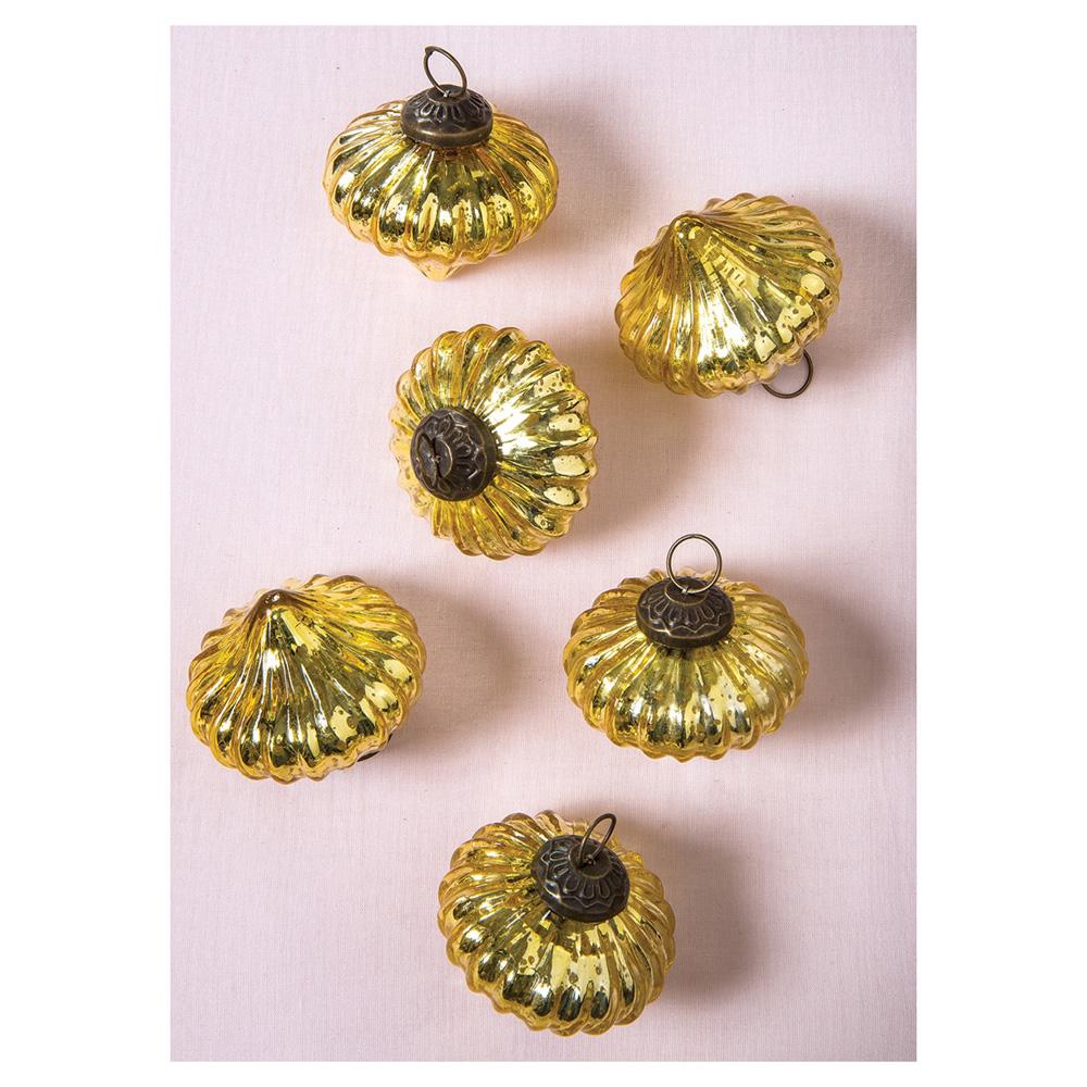 6 Pack | Small Mercury Glass Ornaments (2.5-inch, Gold, Lucy Design) - Great Gift Idea, Vintage-Style Decorations for Christmas, Special Occasions, Home Decor and Parties