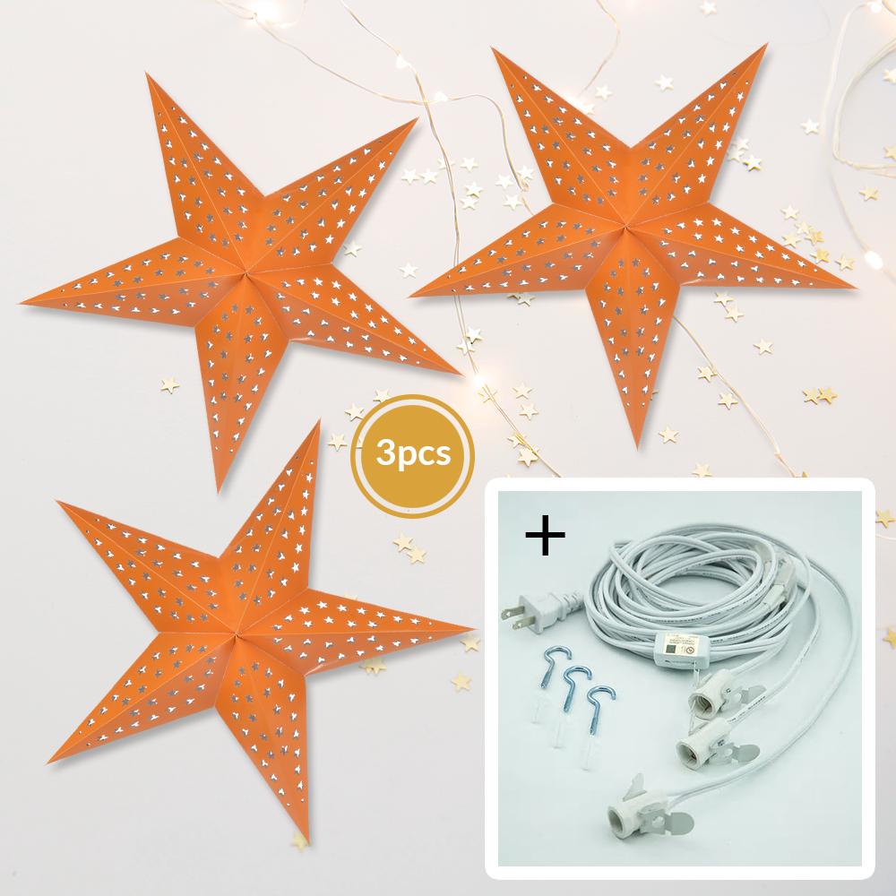  3-PACK + Cord | Orange Starry Night 24" Illuminated Paper Star Lanterns and Lamp Cord Hanging Decorations - AsianImportStore.com - B2B Wholesale Lighting and Decor
