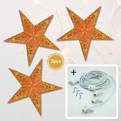 3-PACK + Cord | Orange Dahlia 24" Illuminated Paper Star Lanterns and Lamp Cord Hanging Decorations - AsianImportStore.com - B2B Wholesale Lighting and Decor