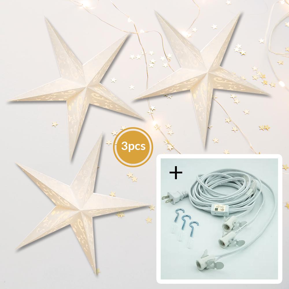 3-PACK + Cord | White Harmony 24" Illuminated Paper Star Lanterns and Lamp Cord Hanging Decorations - AsianImportStore.com - B2B Wholesale Lighting and Decor