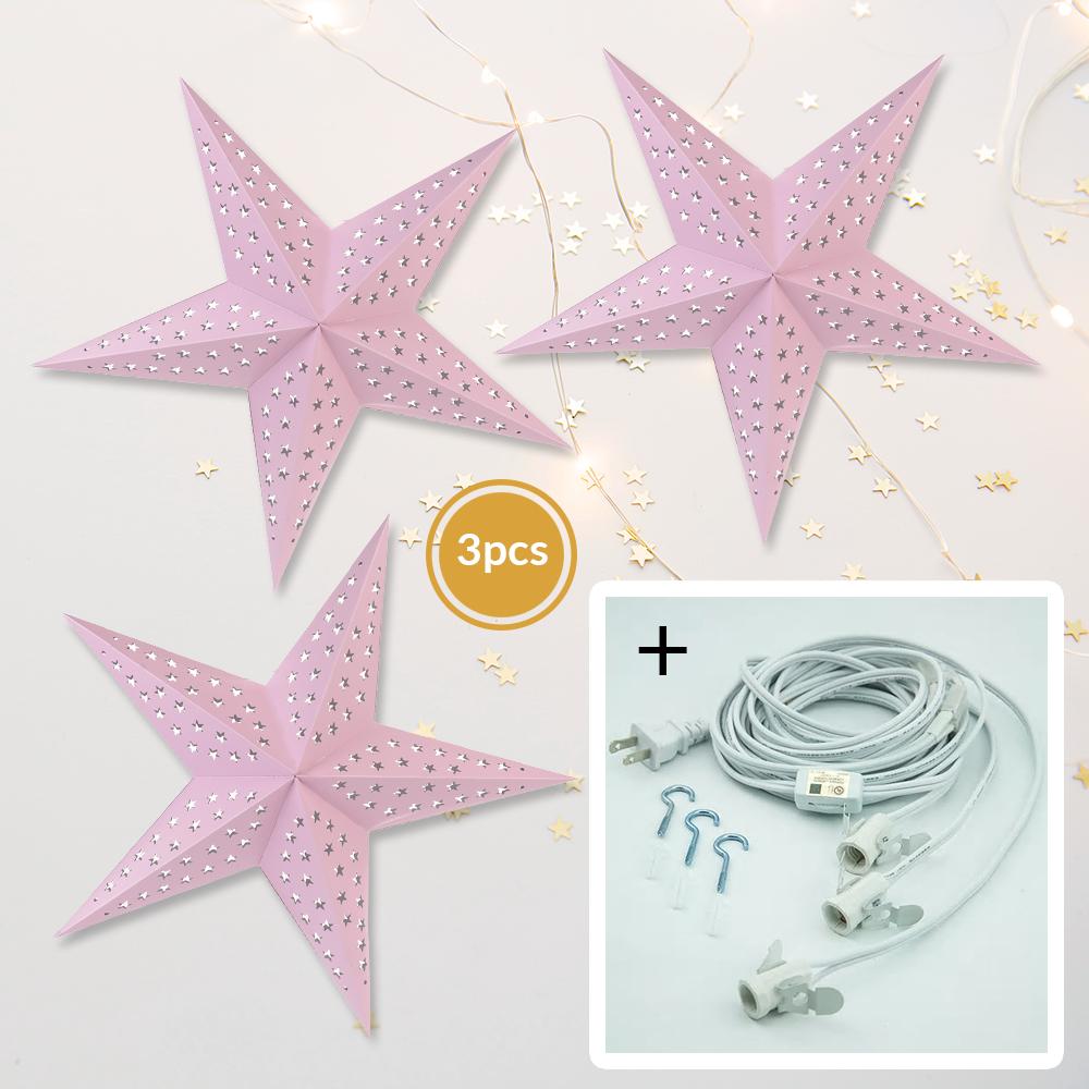  3-PACK + Cord | Pink Starry Night 24" Illuminated Paper Star Lanterns and Lamp Cord Hanging Decorations - AsianImportStore.com - B2B Wholesale Lighting and Decor