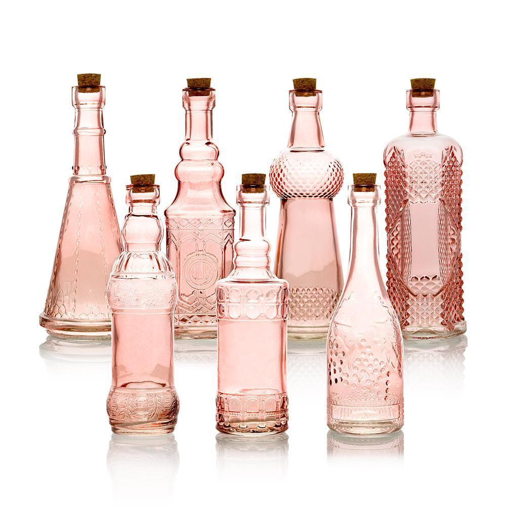 7pc Pink Vintage Glass Wedding Bottle Set, Assorted Wedding Table and Centerpiece Display - AsianImportStore.com - B2B Wholesale Lighting & Decor since 2002