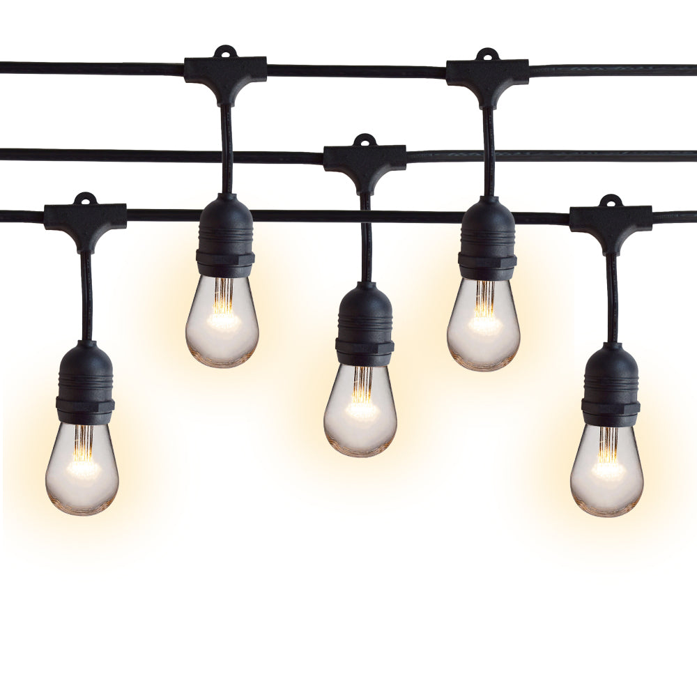 (Discontinued) 48-Foot Shatterproof S14 Warm White LED String Light Outdoor Commercial Weatherproof SJTW Suspended Cord Black, 15 Bulb, 10.5 Total Watts, Grounded