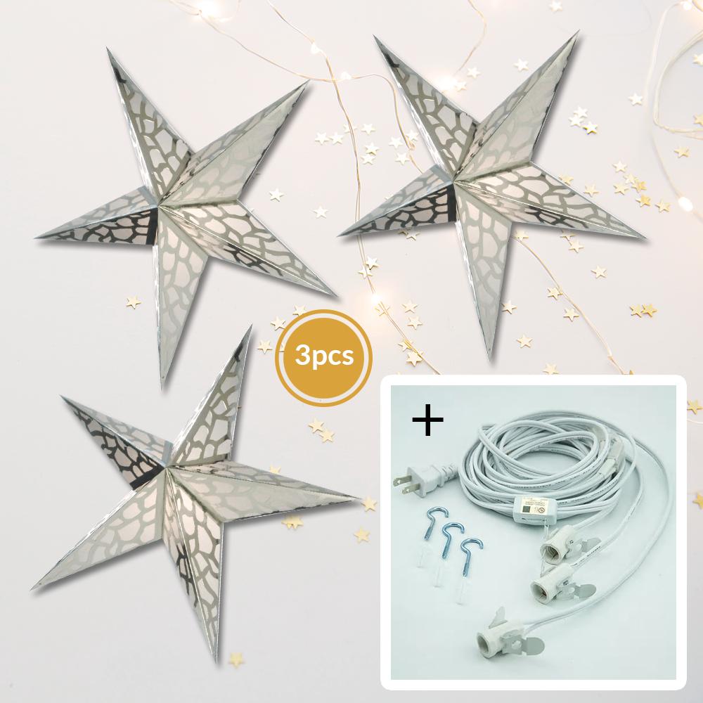 3-PACK + Cord | Silver Metallic 24" Illuminated Paper Star Lanterns and Lamp Cord Hanging Decorations - AsianImportStore.com - B2B Wholesale Lighting and Decor