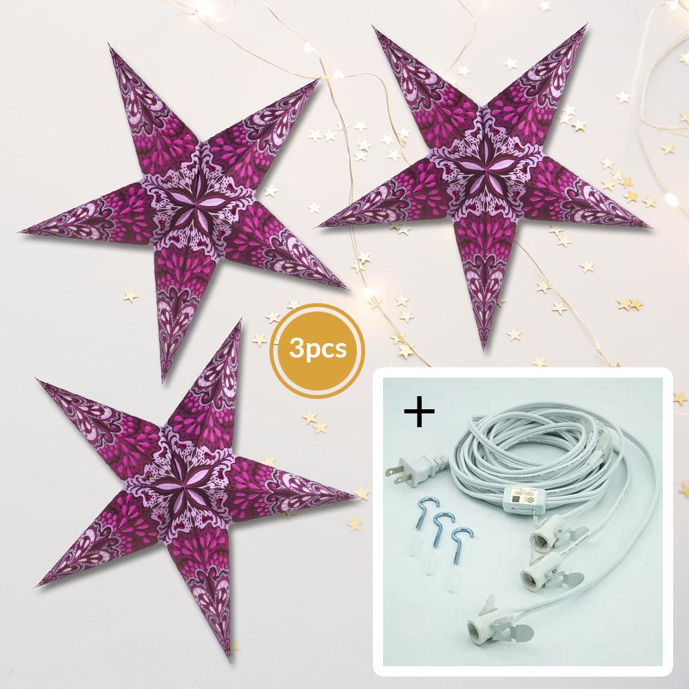  3-PACK + Cord | Violet Purple Rain 24" Illuminated Paper Star Lanterns and Lamp Cord Hanging Decorations - AsianImportStore.com - B2B Wholesale Lighting and Decor