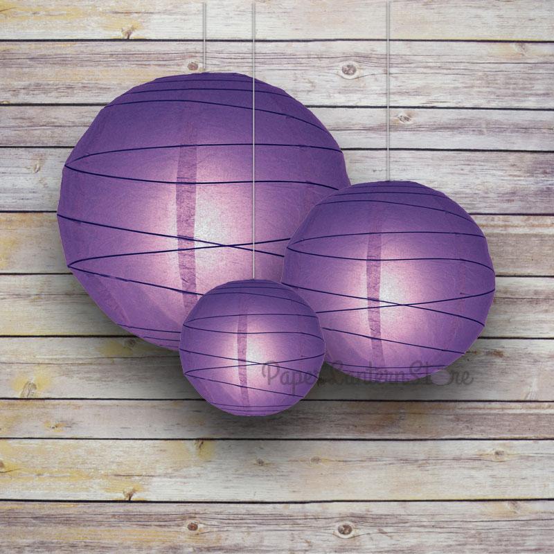 8/12/16" Purple Round Paper Lanterns, Irregular Ribbing (3-Pack Cluster) - AsianImportStore.com - B2B Wholesale Lighting and Decor