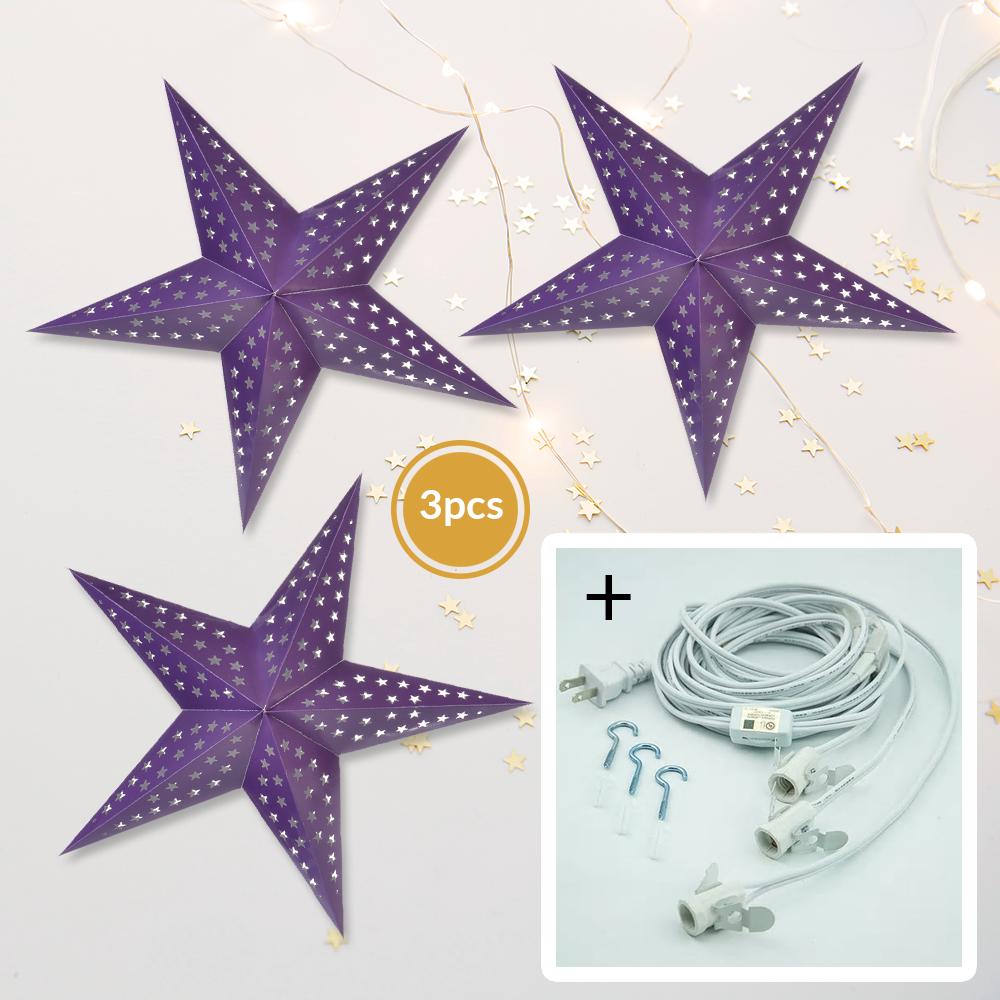  3-PACK + Cord | Dark Purple Starry Night 24" Illuminated Paper Star Lanterns and Lamp Cord Hanging Decorations - AsianImportStore.com - B2B Wholesale Lighting and Decor