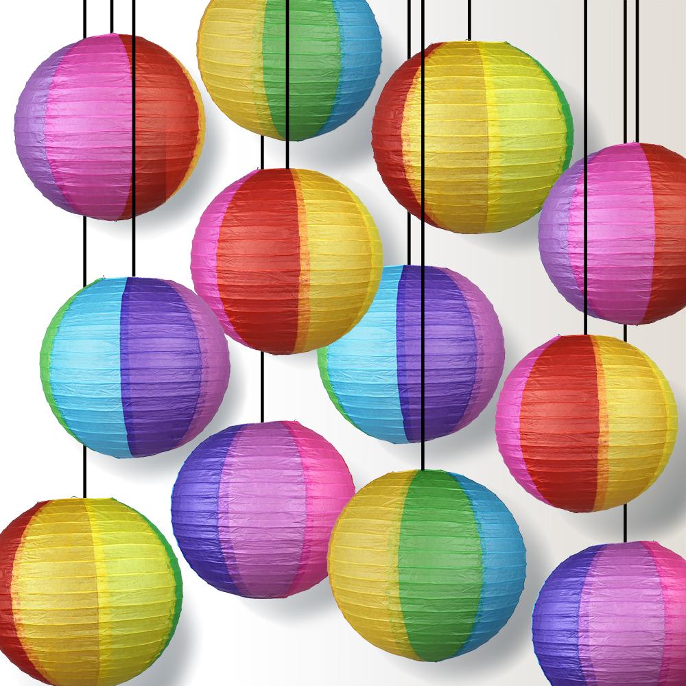 14" Rainbow Multi-Color Paper Lantern, Even Ribbing, Hanging Decoration (12-PACK) - AsianImportStore.com - B2B Wholesale Lighting and Decor