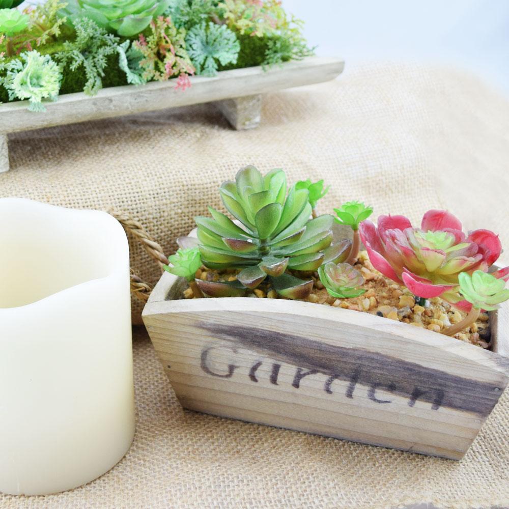 Realistic Succulents Plant in 6" Wooden Garden Box - Table Centerpiece - AsianImportStore.com - B2B Wholesale Lighting and Decor