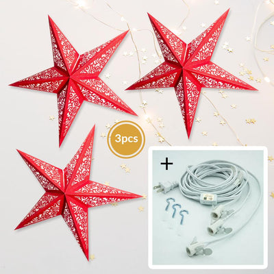 3-PACK + Cord | Red Christmas Holiday Glitter 24" Illuminated Paper Star Lanterns and Lamp Cord Hanging Decorations - AsianImportStore.com - B2B Wholesale Lighting and Decor