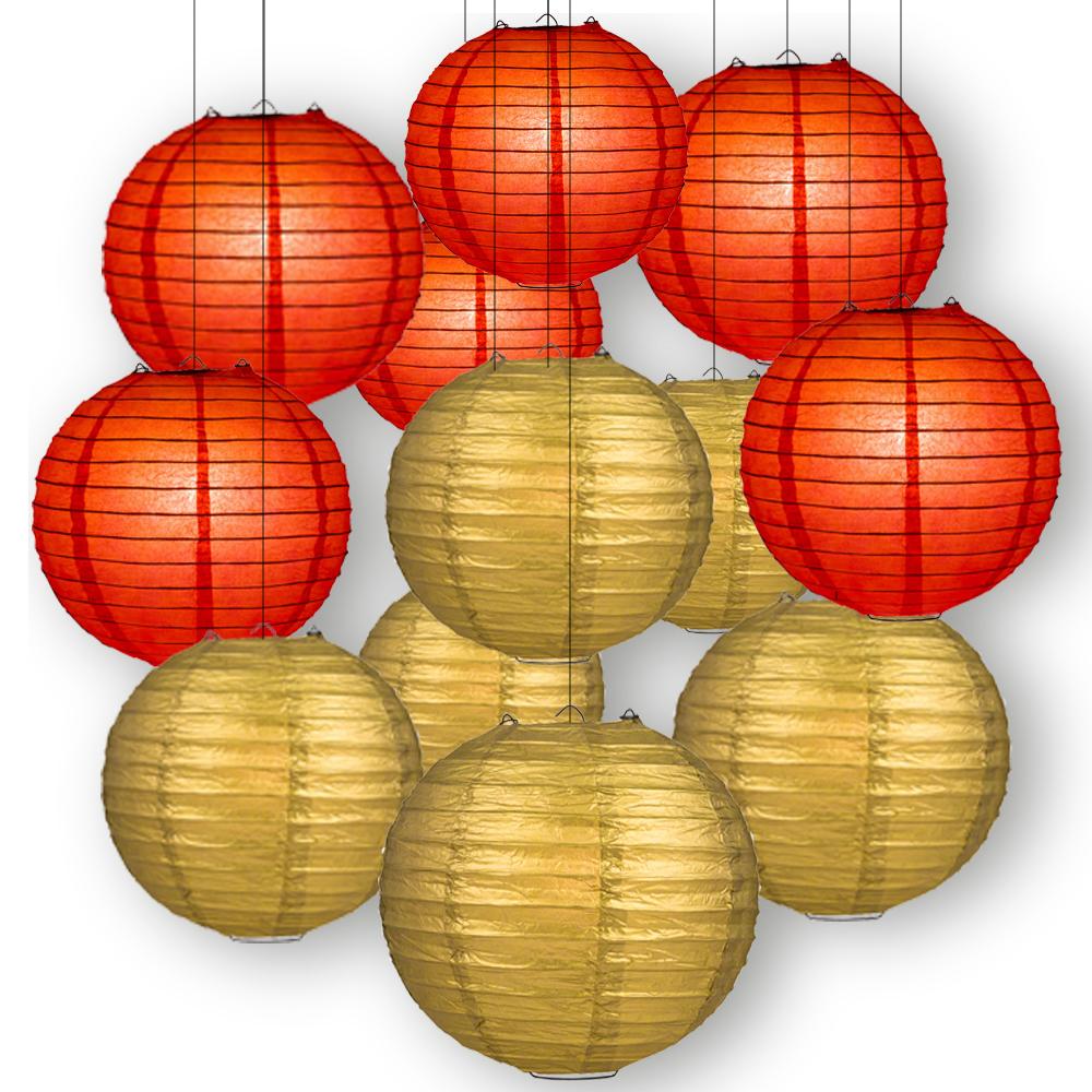Red and Gold Party Pack Parallel Ribbed Paper Lantern Combo Set (12 pc Set) - AsianImportStore.com - B2B Wholesale Lighting and Decor