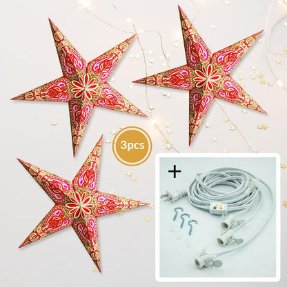 3-PACK + Cord | Green Alaskan Glitter 24" Illuminated Paper Star Lanterns and Lamp Cord Hanging Decorations - AsianImportStore.com - B2B Wholesale Lighting and Decor
