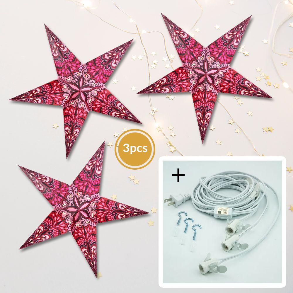 3-PACK + Cord | Multicolor Rain 24" Illuminated Paper Star Lanterns and Lamp Cord Hanging Decorations - AsianImportStore.com - B2B Wholesale Lighting and Decor
