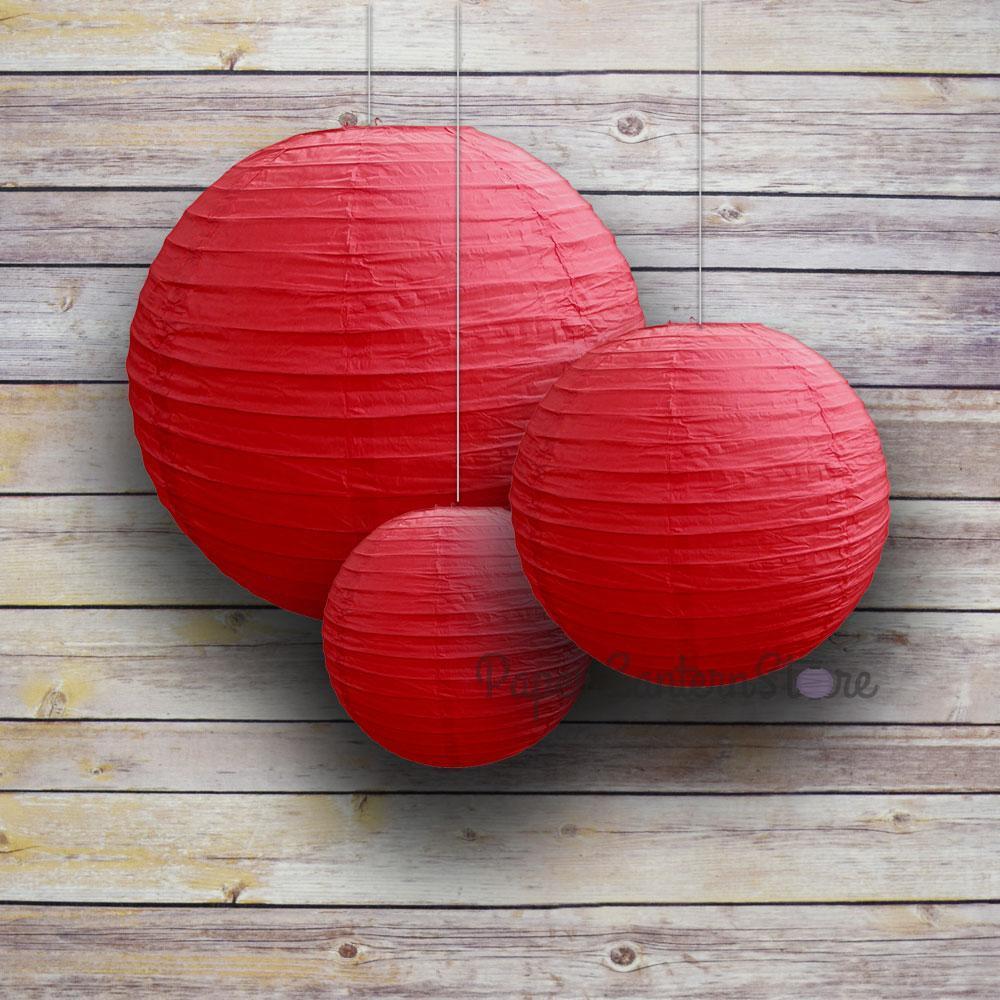 8/12/16" Red Round Paper Lanterns, Even Ribbing (3-Pack Cluster) - AsianImportStore.com - B2B Wholesale Lighting & Decor since 2002