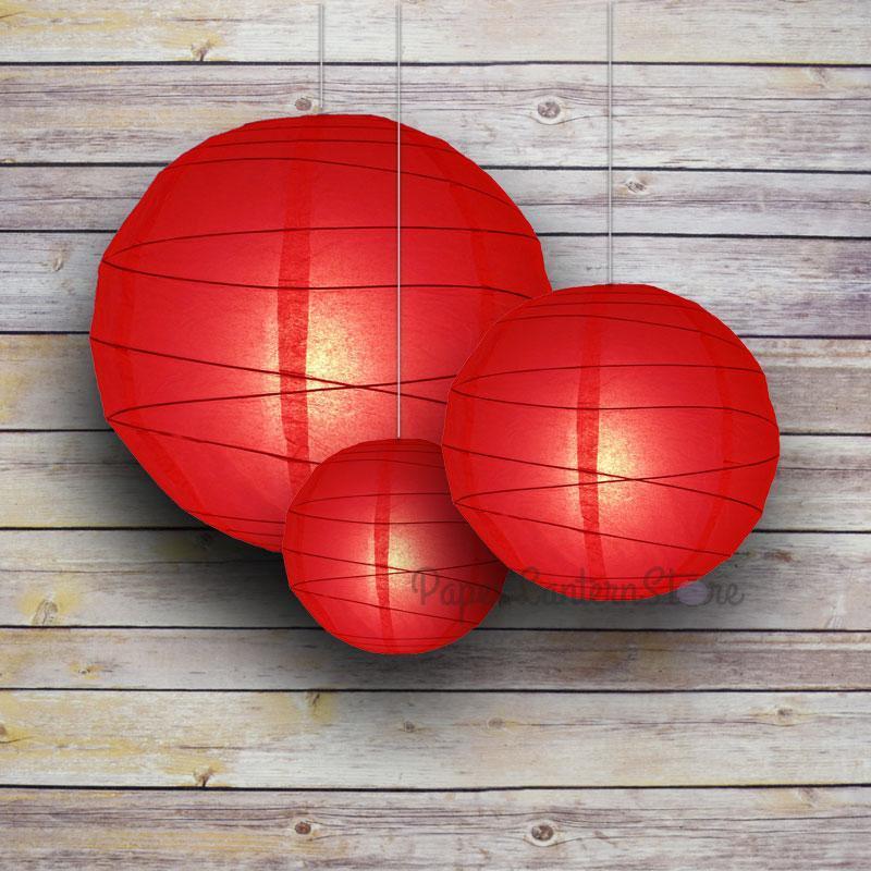 8/12/16" Red Round Paper Lanterns, Irregular Ribbing (3-Pack Cluster) - AsianImportStore.com - B2B Wholesale Lighting & Decor since 2002
