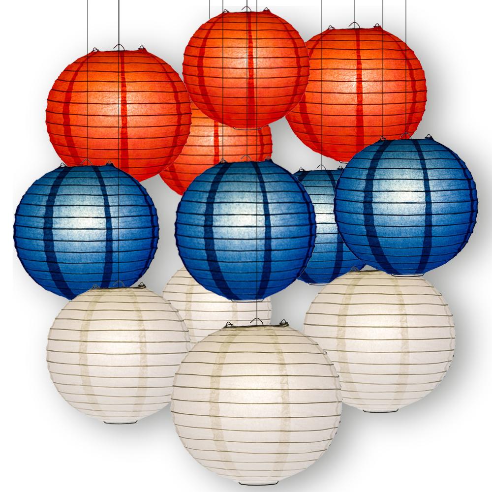 Red, White and Blue Celebration Party Pack Parallel Ribbed Paper Lantern Combo Set (12 pc Set) - AsianImportStore.com - B2B Wholesale Lighting and Decor