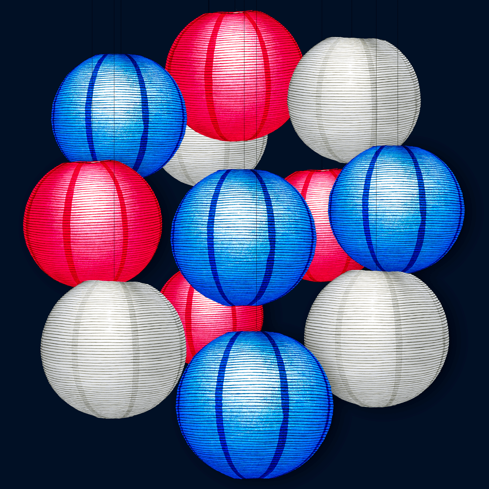 12" Patriotic Fine Line Ribbing Party Pack Paper Lantern Combo Set (12-PACK) - AsianImportStore.com - B2B Wholesale Lighting and Decor