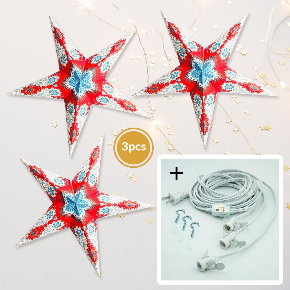 3-PACK + Cord | Red, White and Blue Royal Glitter 24" Illuminated Paper Star Lanterns and Lamp Cord Hanging Decorations - AsianImportStore.com - B2B Wholesale Lighting and Decor